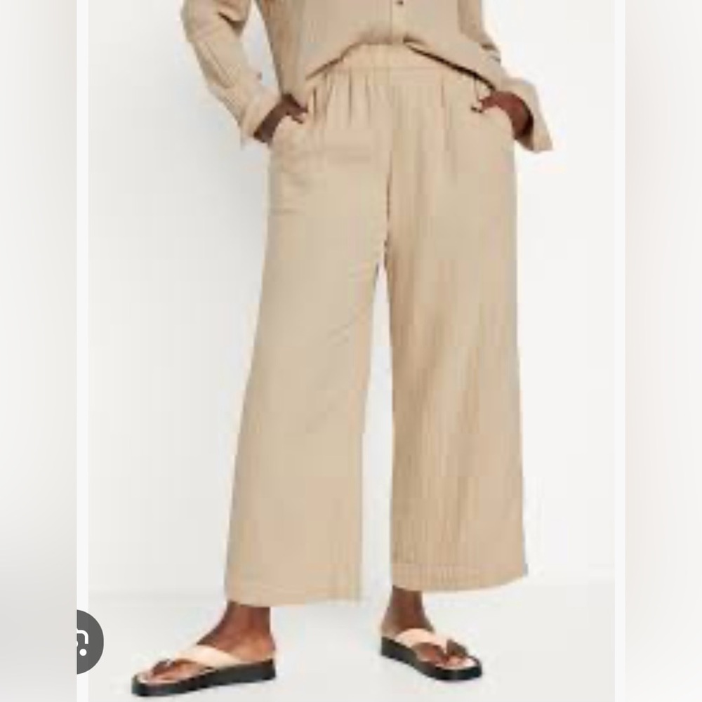 Old Navy Women's High Rise Crinkle Gauze Cotton Tan Wide-Leg Pants
